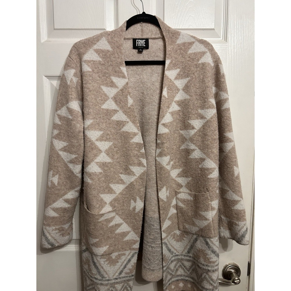 FRYE Womens XL Aztec Geometric Pattern Long‎ Cardigan Sweater Open Beige